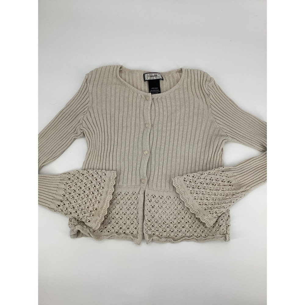 GAS Beige Ribbed Crochet Lace Bell Sleeve Cardigan Sweater Large